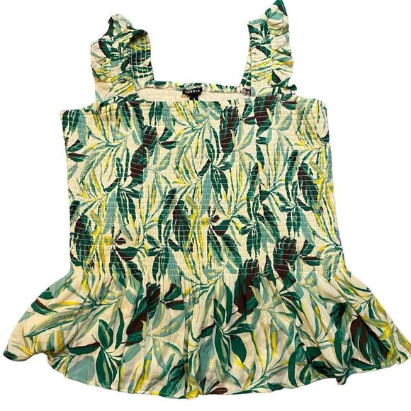 Torrid Green Tropical Floral Print Crinkle Gauze Smocked Tank Top - Picture 5 of 9